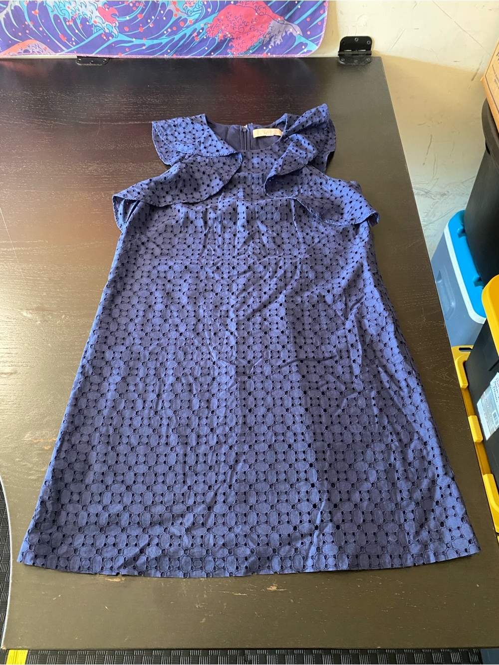 LOFT Navy Eyelet Shift Dress with Ruffle Collar